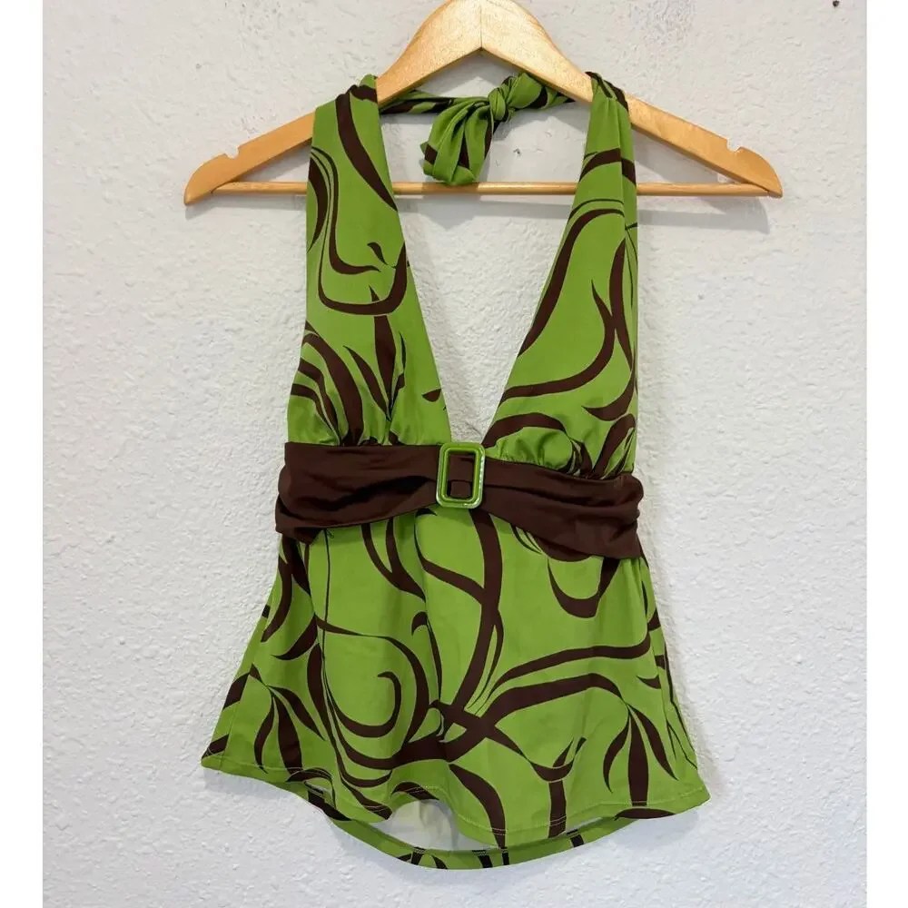 y2k bathing suit tankini top tank babydoll top funky twee girly glam green brown